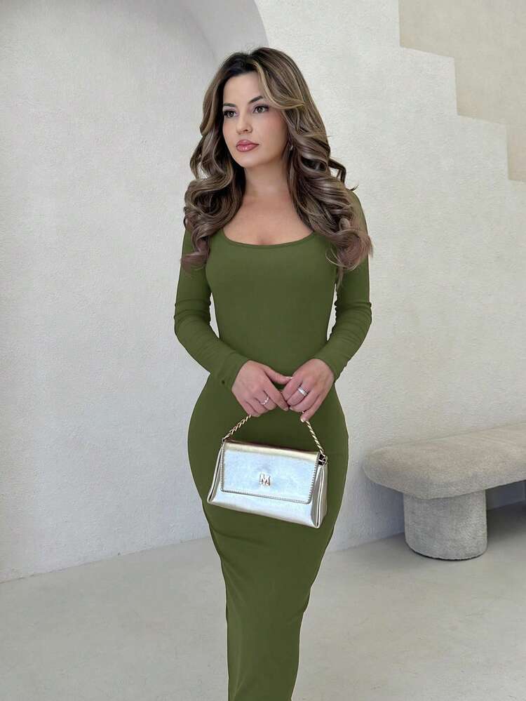 long sleeve tight green dress Jemour Autumn Wear Solid Color Square Neck Black Long-Sleeved ,Petite Women long sleeve emerald green dress