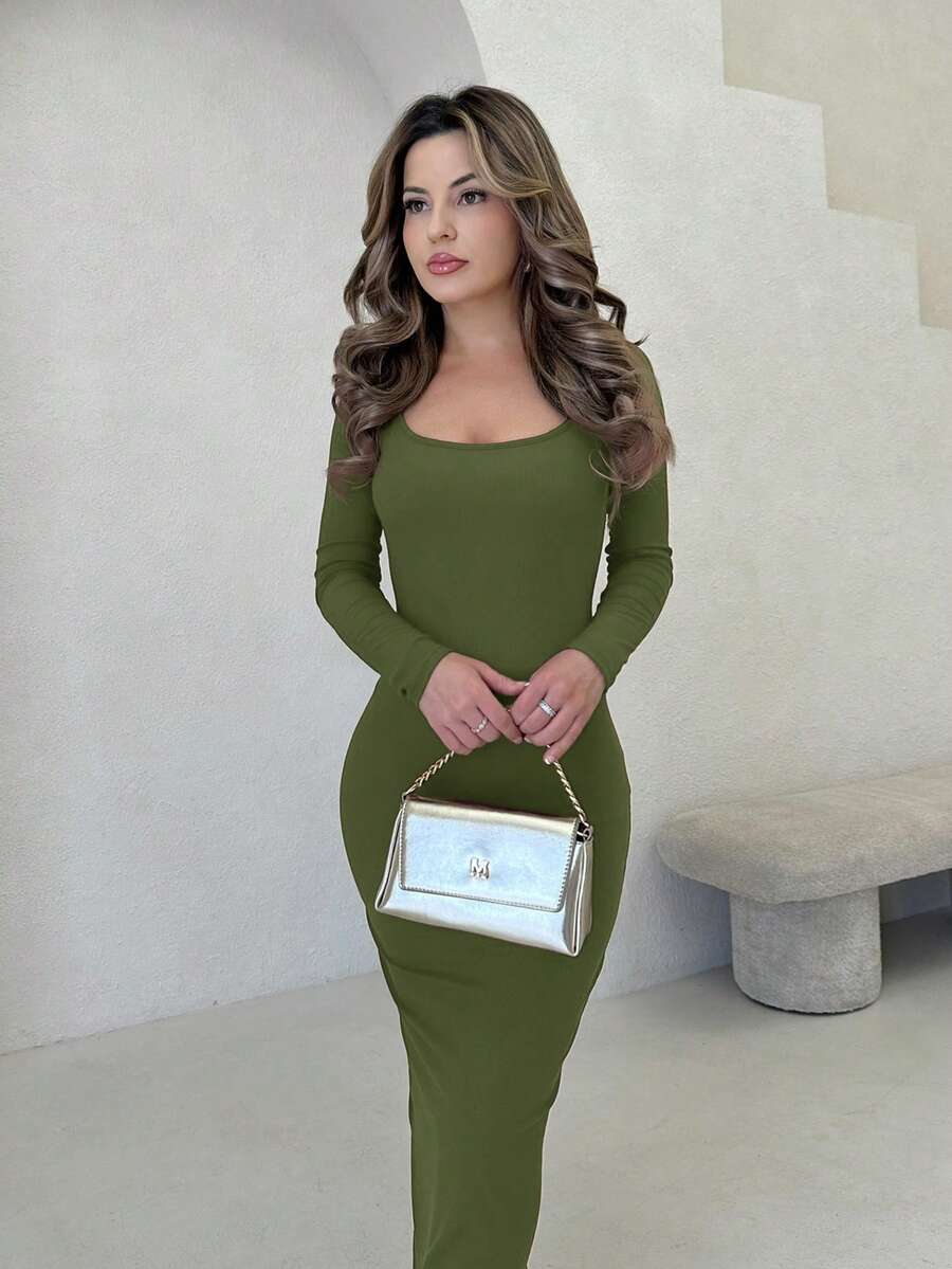 Jemour Autumn Wear Solid Color Square Neck Tight Black Long-Sleeved Dress - Army Green - View 1
