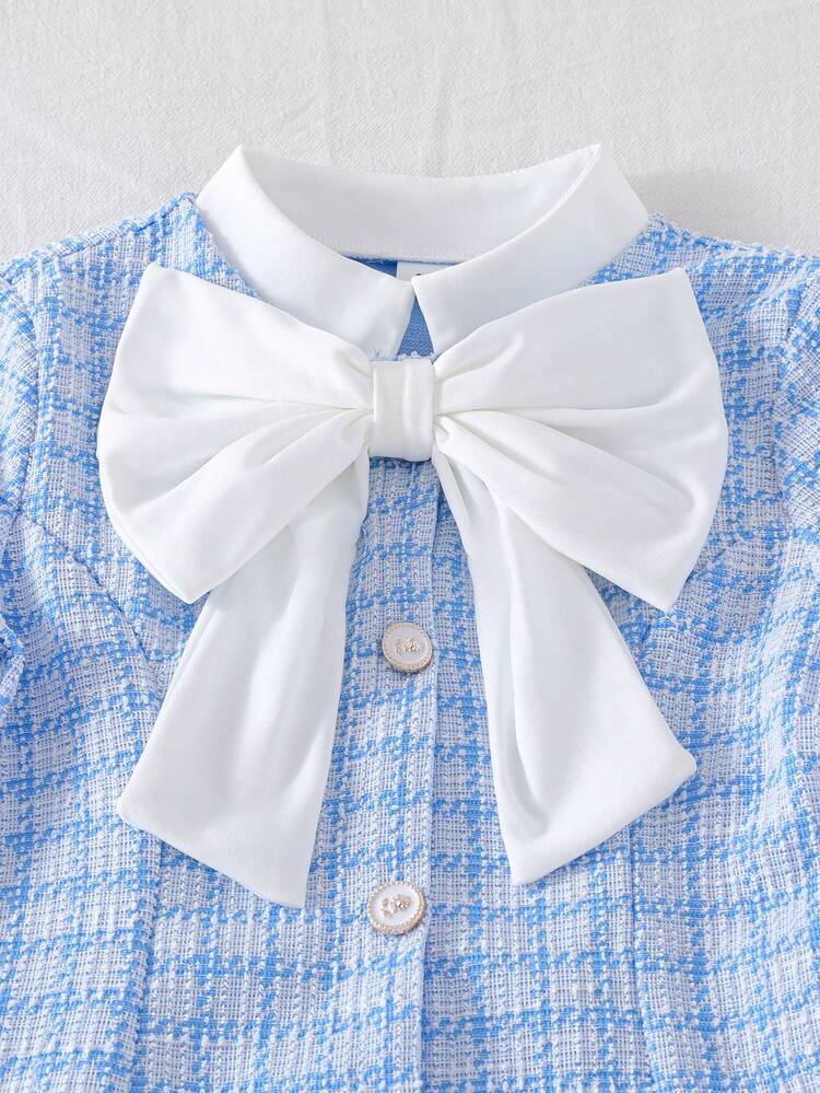 SHEIN Tween Girl Casual Collegiate Striped Pattern Colorblock Big Bow Decor Pleated Hem Fitted Dress - Blue - View 3