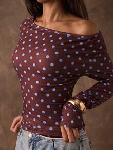 SHEIN BAE Áo thun nữ dài tay cổ lệch dáng ôm, họa tiết chấm bi cổ điển, phù hợp cho đi làm hàng ngày, mùa xuân/thu, đi chơi, thanh lịch, áo chấm bi. - Cà phê nâu - Xem 3