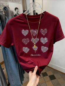 Resyla Herz-Strass-Dekor, modisches minimalistisches Damen-Rundhals-Kurzarm-T-Shirt, Geschenk für Freunde - Bordeaux - Übersicht 3