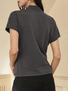 Dazy-Less Pulover pentru femei, casual, de zi cu zi, simplu, cu guler înalt, mânecă scurtă, cu model încrețit, toamnă/iarnă - Gri - Vizualizare 2