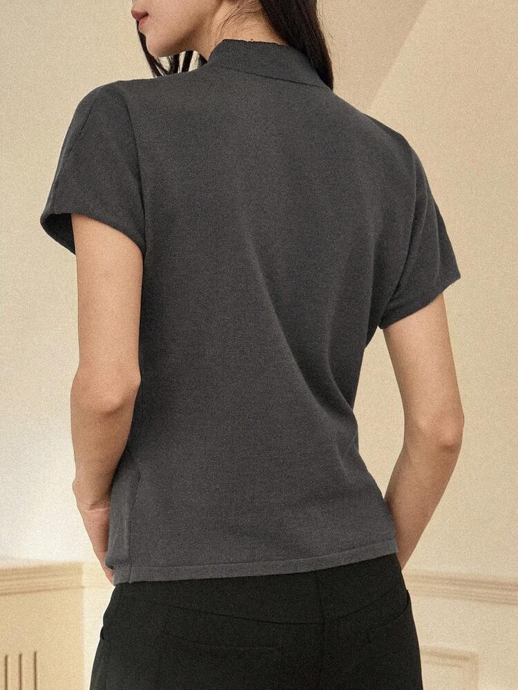 Women's Casual Everyday Commute Simple Solid Color Stand Collar Short Sleeve Ruched Fitted Sweater, Autumn/Winter Business Casual Woman