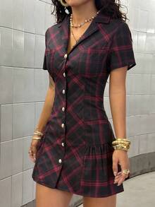 SHEIN HypeZone Vestido mini sexy de patchwork a cuadros, estilo punk rock para uso diario - Multicolor - Ver 3