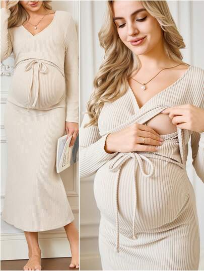 SHEIN Maternity Solid Color V-Neck Long Sleeve Tie Waist Nursing Dress Lingerie Lingerie Set Underwear Women Pajama Pajama Dress Loungewear Nightgown Robe Sleepwear Sleepwear Set Tank Top With Bra Maternity Dresses Nursing Dresses Dresses For Pregnant Women Curve Maternity Clothes Long Sleeve Maternity Dress
