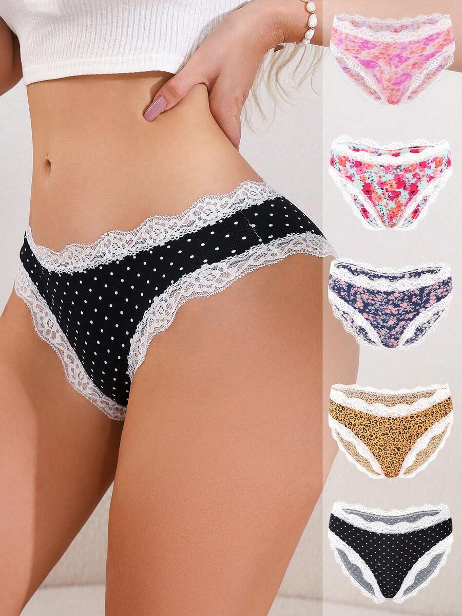 SHEIN 5件/包 女士蕾丝拼接舒适比基尼内裤套装 - 彩色 - 查看 1
