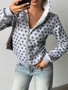 FavEase Sudadera con capucha de ajuste ceñido con estampado de corazón para mujer, otoño/invierno - Gris - Ver 4