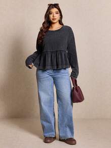 Elaquor 大码女式复古水洗荷叶边拼接黑色T恤，休闲女款 - 黑色 - 查看 6