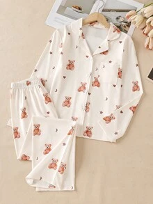 女童杏色小熊图案阻燃睡衣套装（长裤和长袖） - 杏色 - 查看 3