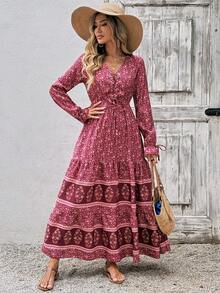 Breezaya Vestido largo con estampado floral, manga con volantes, detalle de nudo y volante en el bajo para Año Nuevo - Rosado Sandía - Ver 5