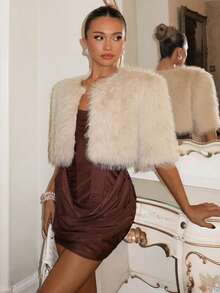 SHEIN Glamour Women's Elegant Apricot Front Open Mid-Sleeve Fuzzy Cardigan, Autumn Coffee Brown Dress Fluffy Dress Women Luxury Clothes For Women Winter Dresses Velvet Dresses - Apricot - View 2