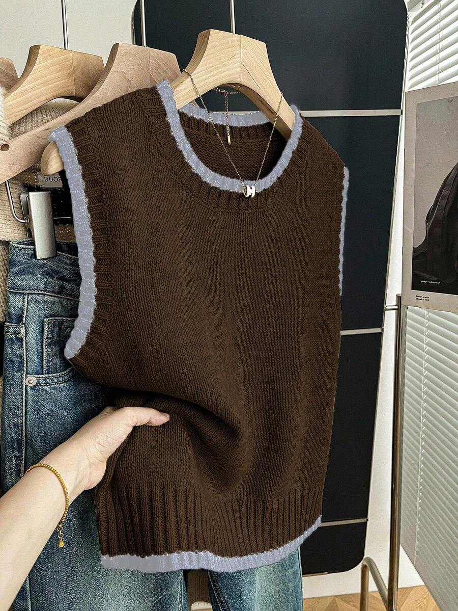 Franclia Casual Loose Crew Neck Sleeveless Contrast Trim Knit Top For Women, Spring/Autumn - Multicolor - View 1