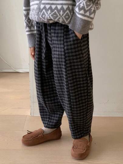 DAZY 男童复古休闲格子斜插口袋裤，秋冬款