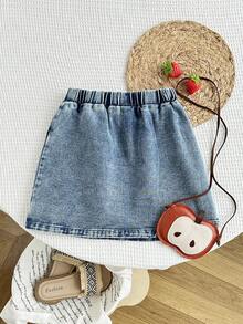 Playful Pals Young Girl' Casual Cute Washed Blue Strawberry Print Skirt, Comfortable Sweet Casual Resort School Style Recommended! Comfortable Washed Blue Denim Fabric - Medium Wash - View 2