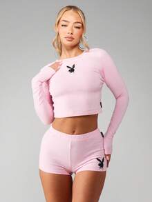 Missguided x Playboy 长袖露脐上衣和短裤两件套，饰有小号logo印花 - 藕粉色 - 查看 3