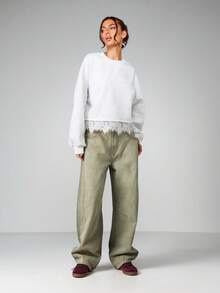 MISSGUIDED Women's Brushed Back Sweatshirt With White Lace Trim Hem Detail Long Sleeve Crew Neck Pullover Top For Fall Winter Season - Grey - View 4