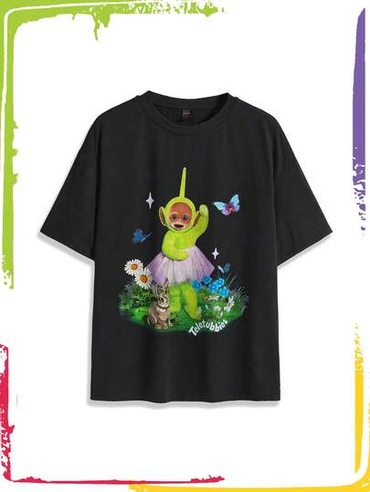Teletubbies X ROMWE Women's Cute Cartoon Flower & Lawn Print Loose Short Sleeve T-Shirt