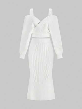 ROMWE Avant Ensemble de 2 pièces : pull sexy à manches longues avec bretelles épaisses et décolleté plongeant, épaules dénudées, en dentelle, style décontracté français, associé à une mini-jupe moulante