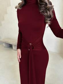 Jemour New Slim Fit Thermal Stand Collar Long Sleeve Cinched Waist Extra Long Versatile Dress, Autumn/Winter - Burgundy - View 3