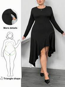 Truni Itsmisslys Plus Size Women's Knit High Stretch Long Sleeve Dress, Asymmetrical Hem Slit Black Mid-Length Dress, For Pear Triangle Body Shape - Black - View 1