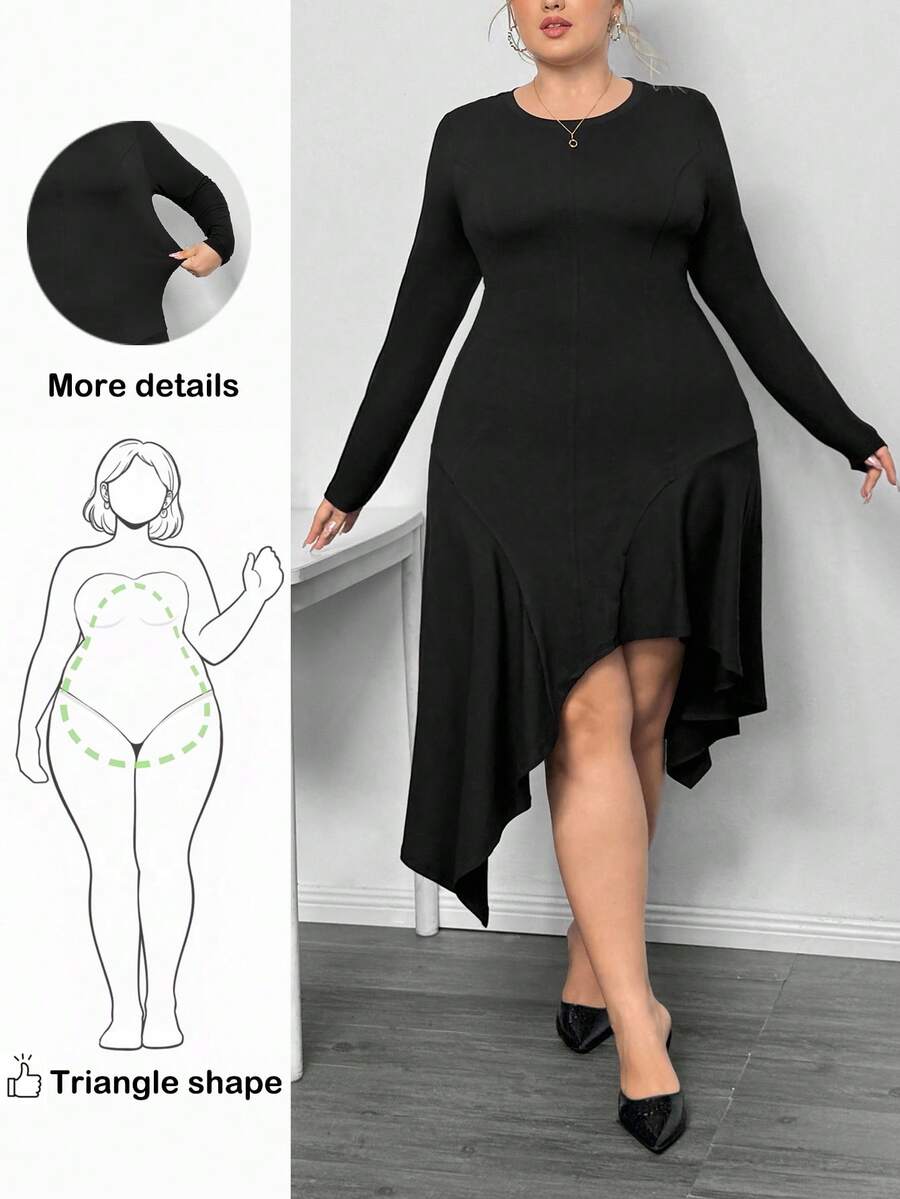 Truni Itsmisslys Plus Size Women's Knit High Stretch Long Sleeve Dress, Asymmetrical Hem Slit Black Mid-Length Dress, For Pear Triangle Body Shape - Black - View 1