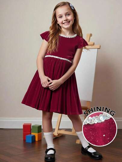 PrepCrw 一件少女优雅都市派对百搭粉色亮片人造毛皮饰边长袖方领连衣裙，配有亮片腰带，适合休闲外出、聚会、假期、派对、秋冬季、圣诞节、万圣节等场合。