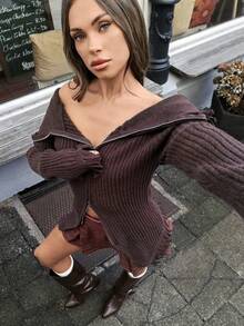 Chiquease Herbst/Winter sexy Off-Shoulder Reißverschluss Strickjacke für Frauen, figurbetonter gerippter Strickpullover mit abgenutztem Saum Design - Kaffeebraun - Übersicht 6