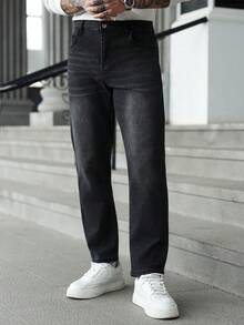 Manfinity Homme Men's Casual Everyday Commute Simple Versatile Solid Color Straight Leg Jeans - Black - View 6