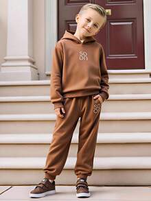 PrepCrw 2pcs/Set Boys' Collegiate Style Letter Graphic Hoodie And Sweatpants Set - Brown - View 6