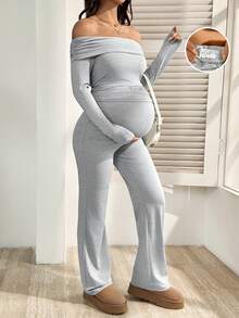 SHEIN Maternity Clothes Maternity Co Ord Set  Spring And Summer  Pregnant Clothes Grey Maternity Set: Off-The-Shoulder Top + Flared Pants In A Comfortable And Casual Knit - Light Grey - View 8