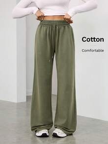 SHEIN Tall Black Snow-Washed Ladies Knitted Sweatpants Women's Green Knitted Fabric Wide Leg Pants With Pockets And Drawstring Long Length - Army Green - View 3