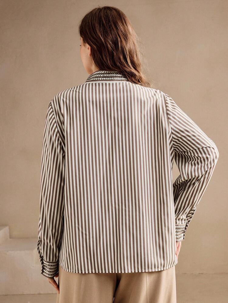 Plus Size Women Striped Shirt With Handmade Rhinestone Decor, Versatile For Commuting And Daily Wear