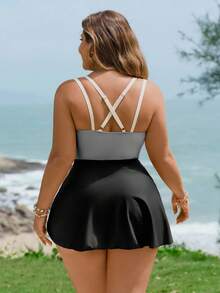 Swim Lushoire Bộ đồ bơi Tankini 2 mảnh xếp nếp cỡ lớn dành cho nữ có dây chéo sau lưng, ba màu - Nhiều màu - Xem 2