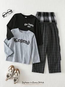 Cozy Pixies 4 pièces/set Tenue décontractée pour jeune garçon, comprenant un Top à manches longues col rond ample avec imprimé lettres en tricot doux et un pantalon long classique à carreaux. Convient pour la maison, les jeux extérieurs, les vacances, les sports légers, une mode polyvalente - Multicolore - Voir 3