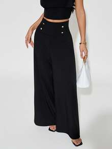 SHEIN PETITE Quần ống rộng cạp cao màu đen thanh lịch tối giản dành cho nữ, trang phục công sở - màu đen - Xem 7