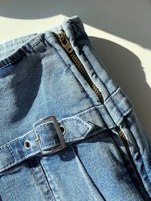 Comfortcana 女士休闲搭扣褶裥牛仔开衩裙裤 - 藍色 - 查看 6