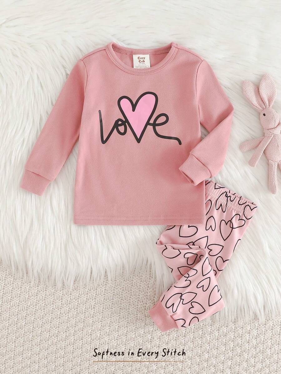 Cozy Pixies Baby Girl Snug Fit Pajama Set, Cartoon Cloud Heart Letter Print Soft Knit Crew Neck Long Sleeve Top And Elastic Waist Leggings Baby Girl Heart Outfit Baby Girl Sweat Set Toddler Girl Love Is Kind Outfit Baby Girl Long Sleeve Set Pink Toddler Outfit - Dusty Pink - View 1