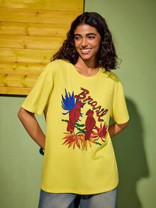 Felipe Marques Women's Floral & Bird Print T-Shirt, Casual For Summer & Autumn Vacation - Yellow - View 3