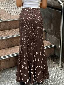 INAWLY 女士新款不对称波点印花低腰鱼尾裙，复古撞色印花长裙，适合购物、派对、散步 - 咖啡棕 - 查看 4