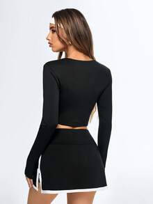 Eassivo Eassivo T-shirt de sport ajusté à manches longues et zip avant pour femmes - Noir - Voir 6