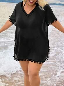 Swim Lushoire Plus Size Women Solid Color Pom Pom V-Neck Short Sleeve Coverup Summer 2026 Christmas New Year Party Beach Casual - Black - View 4