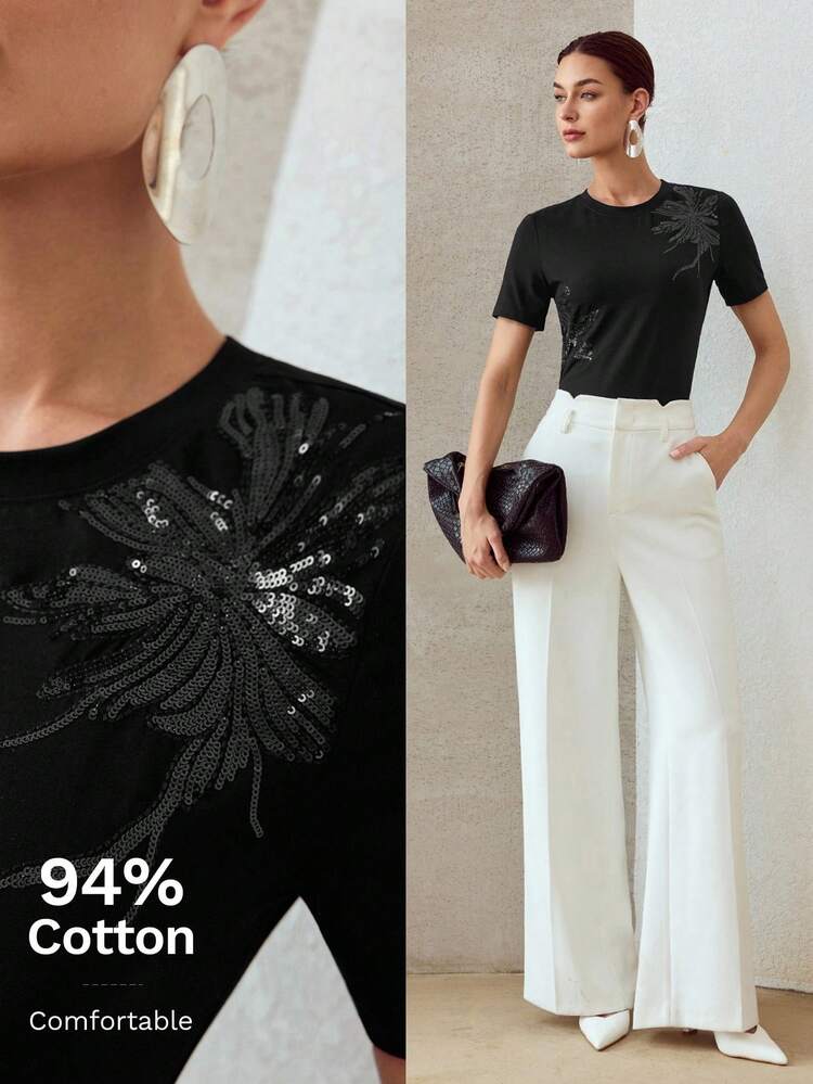 CONTRAST SEQUIN SHORT SLEEVE T-SHIRT