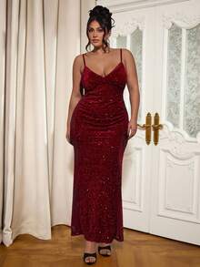 SHEIN BAE Váy chắp vá sequin cổ chữ V cỡ lớn cho nữ - Đỏ - Xem 3