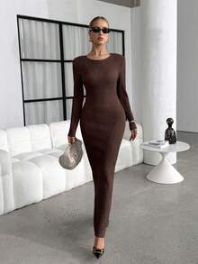 SHEIN Lavishia Women's Elegant Commuter Solid Color Twist Bodycon Dress - Brown - View 6