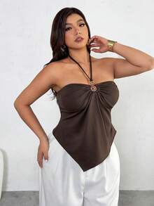 Plus Size Women's Y2K Solid Color Metal Decor Ruched Halter Neck Camisole Brown - Coffee Brown - View 5
