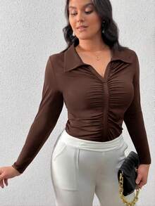 SHEIN Privé Plus Size Women's Casual/Office Commute Simple Solid Color Pleated Fitted Collared Long Sleeve T-Shirt, Spring/Autumn - Chocolate Brown - View 4