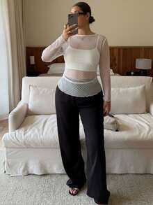 Dripcurv 大码女式波点网纱透视长袖白色上衣 春夏情人节海滩外出上衣 - 白色 - 查看 4