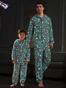 2pcs Tween Boys Minimalist Cute Dinosaur Print Long Sleeve Jumpsuit Pajamas, Daddy & Me Matching Outfits (Sold Separately) Fall Winter - Grey - View 6