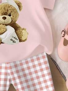 2件套女婴可爱小熊印花粉色圆领短袖T恤+格子印花短裤套装，适合夏季外出 - 彩色 - 查看 5