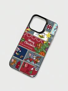TOM & JERRY X SHEIN Funda de teléfono dura de estilo navideño con gato y ratón, con elementos navideños de gato y ratón y texto "Feliz Navidad", compatible con iPhone y Galaxy, para regalo de Navidad y uso diario, estilo de dibujos animados retro, adecuado para entusiastas de la animación y - Negro - Ver 3